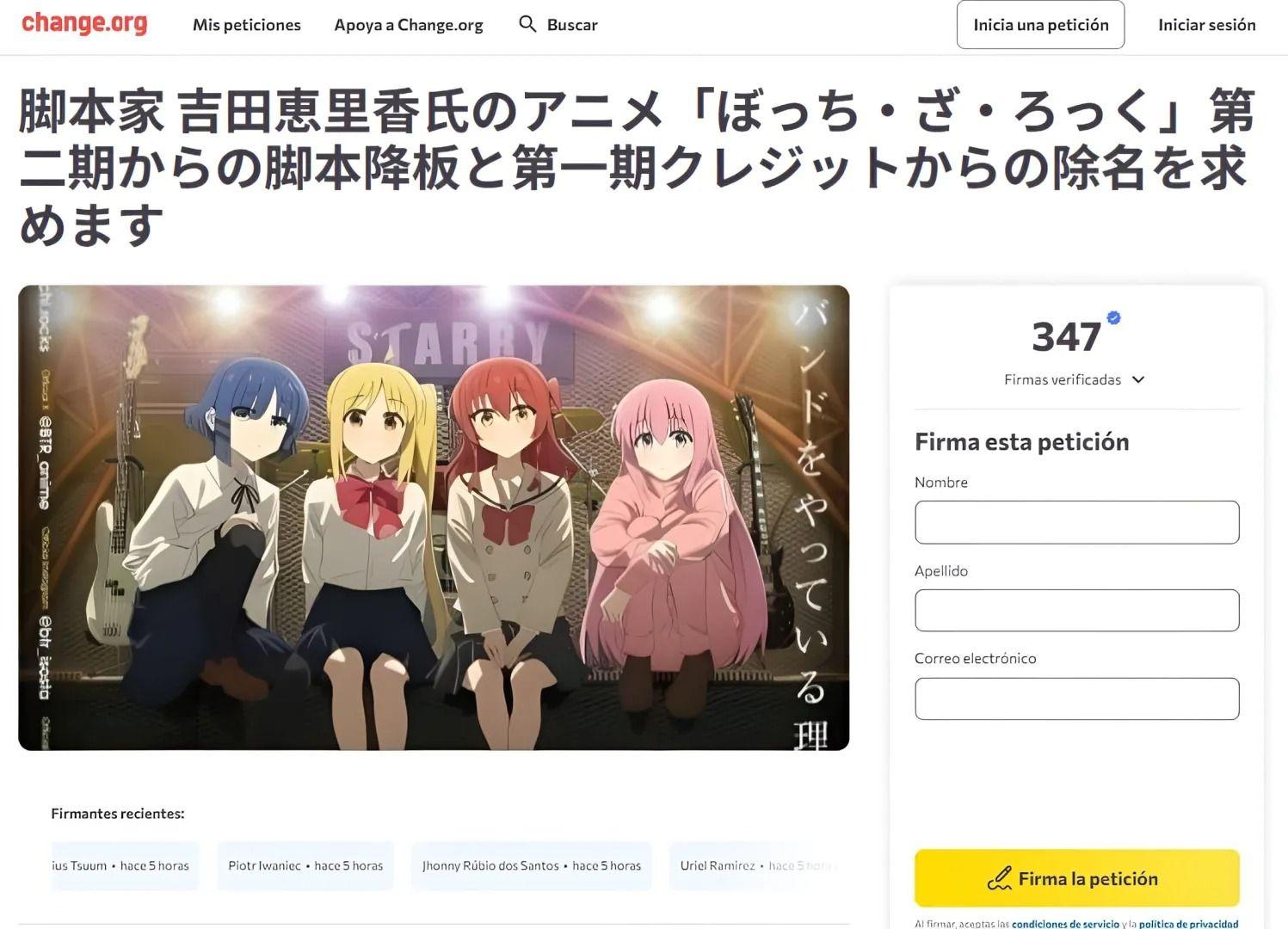 Capture d'écran de la pétition Change.org contre Erika Yoshida pour Bocchi the Rock! saison 2, affichant le nombre de signatures