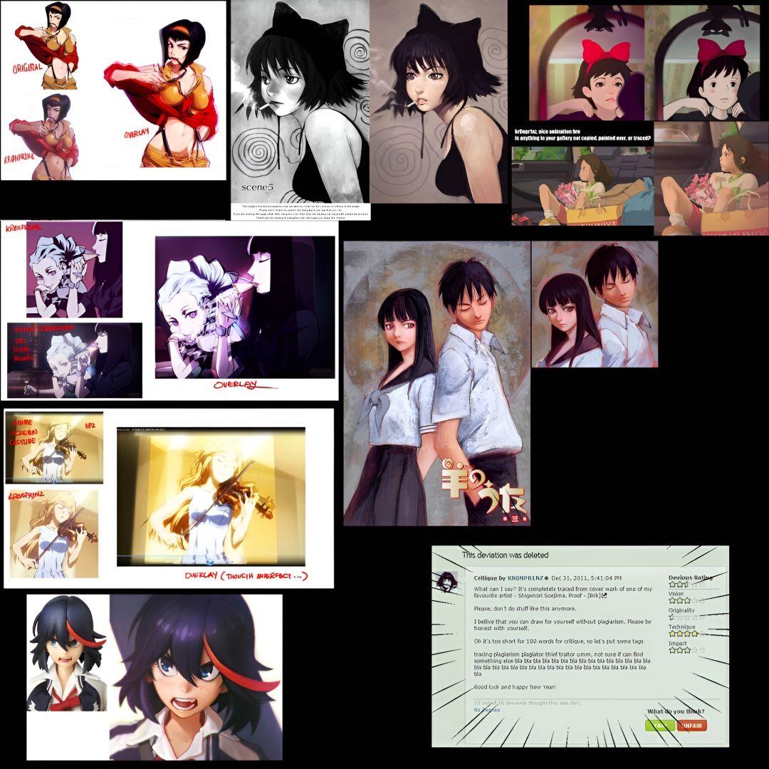 Comparaison d'œuvres montrant le plagiat présumé d'Ilya Kuvshinov sous son ancien alias KR0NPR1NZ.