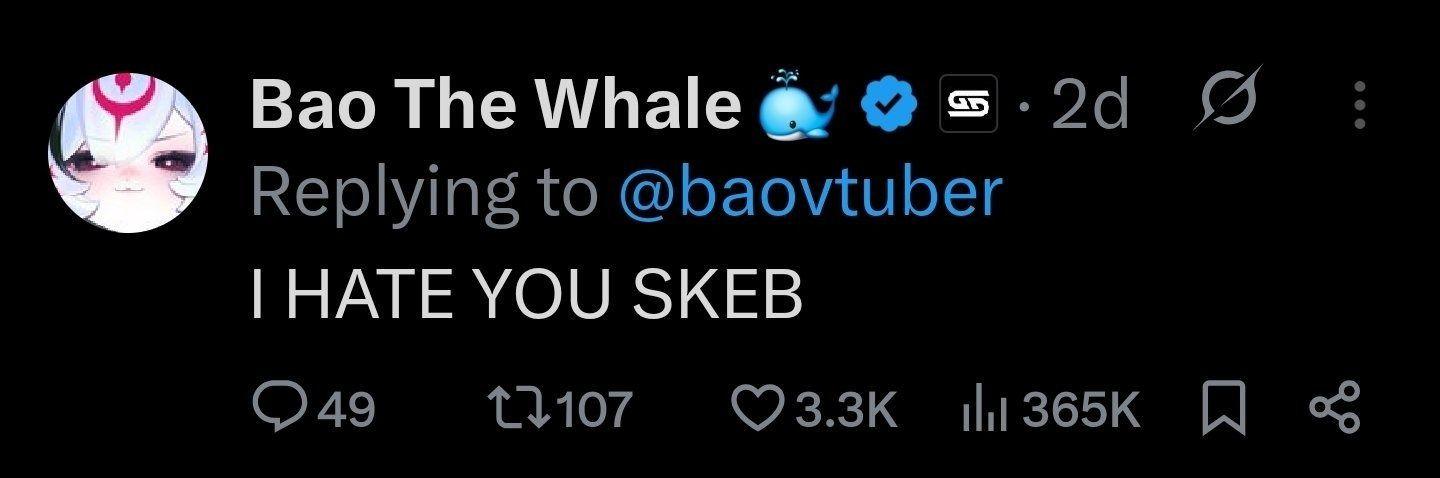 Second tweet de la VTuber Bao exprimant son mécontentement envers Skeb