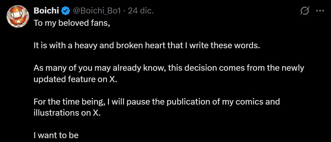Capture d'écran de l'annonce de Boichi concernant son retrait de X et sa migration vers Instagram pour ses œuvres.