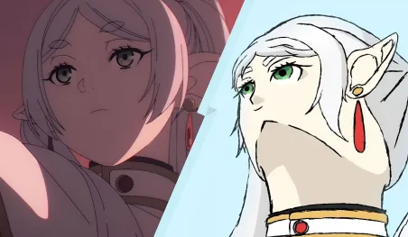 Frieren regardant vers le haut, animé par Madhouse dans l'anime