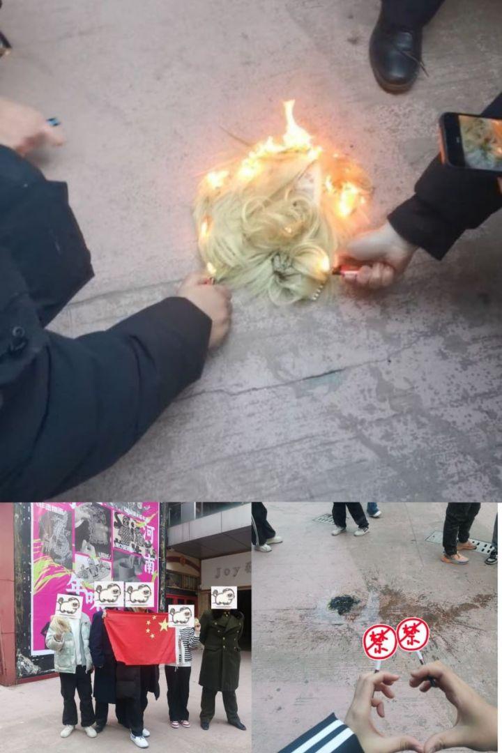 Photo montrant la perruque de la cosplayer brûlée au sol après l'attaque en Chine
