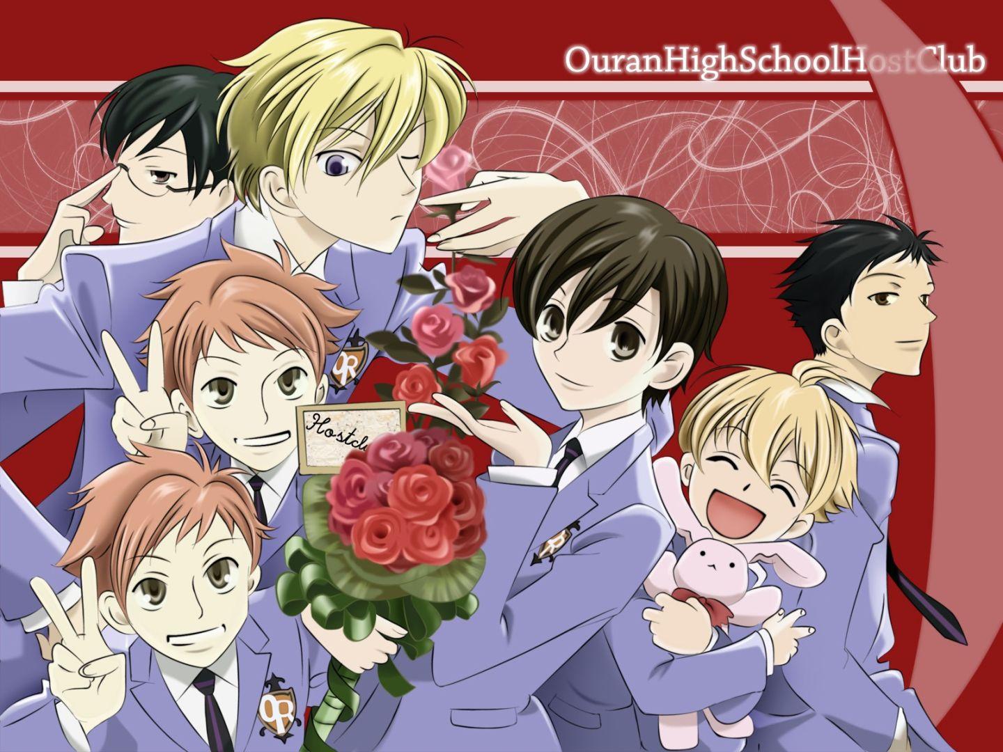 Haruhi Fujioka et les membres du Host Club dans Ouran High School Host Club, comédie shojo marquante des années 2000