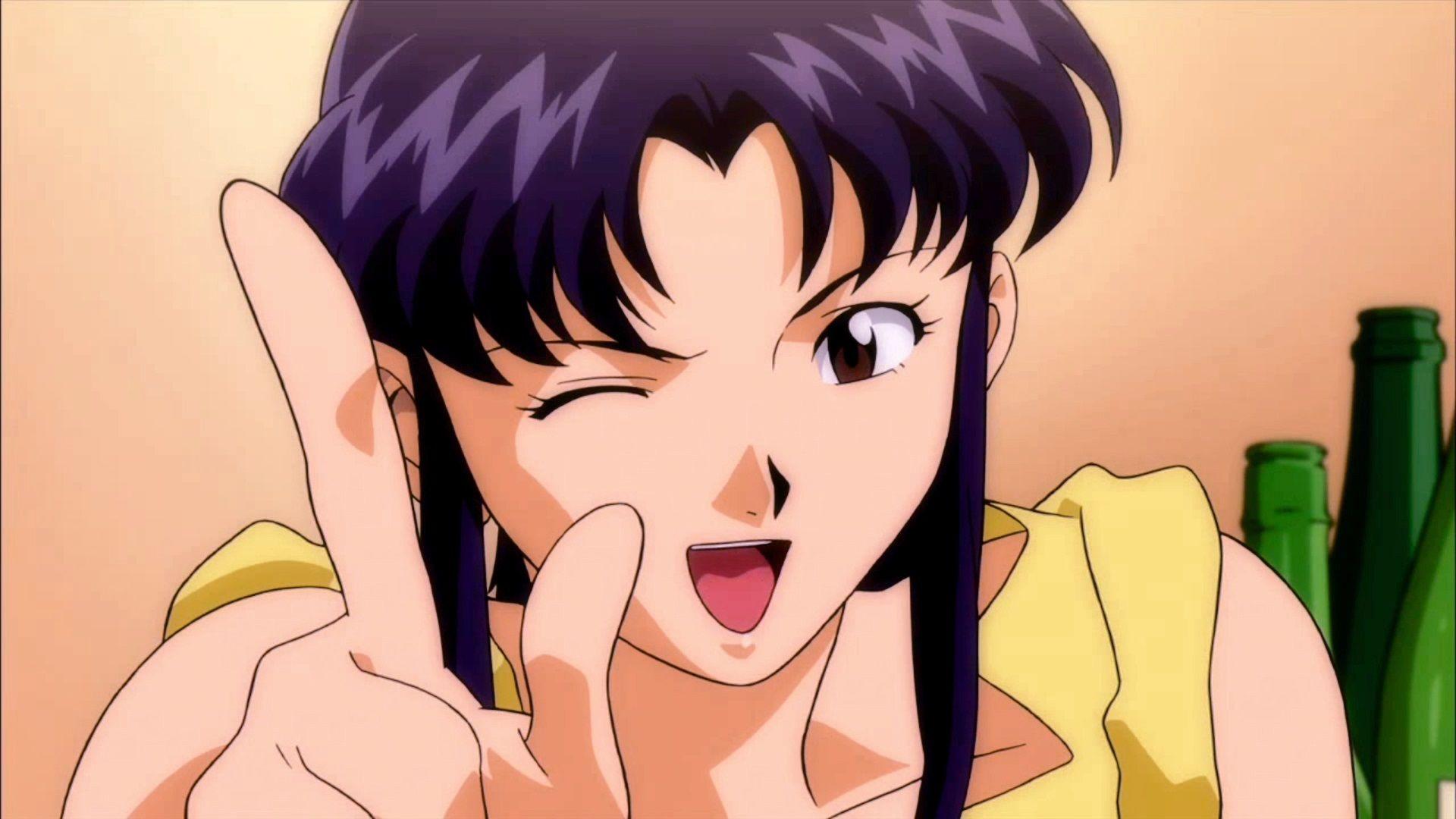 Misato Katsuragi, personnage tragique de Neon Genesis Evangelion, souriant avec Pen Pen.