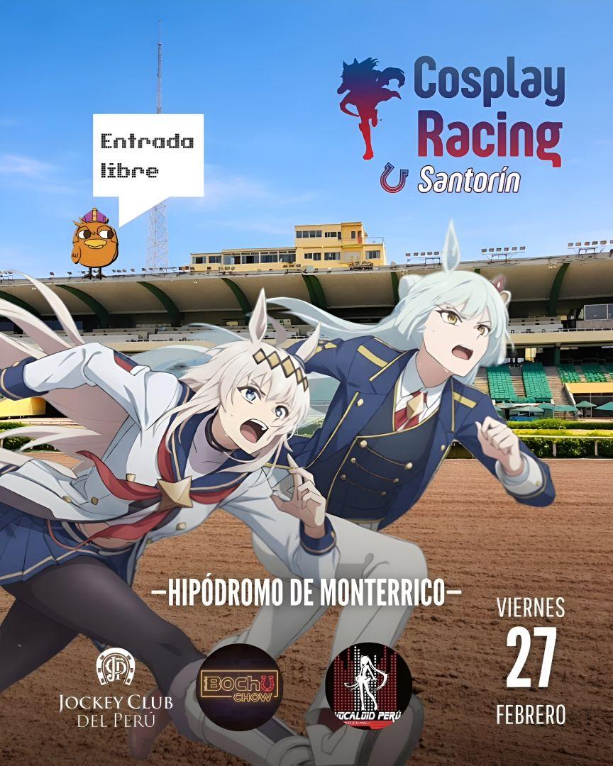 Illustration d'une 'fille cheval' Umamusume, symbolisant l'excitation de la prochaine course cosplay au Hipódromo de Monterrico.