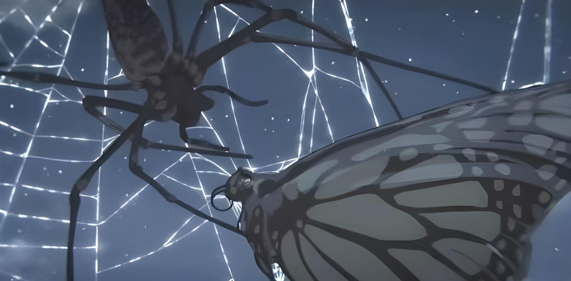 Une araignée piégeant un Papillon Monarque, symbolisant la théorie de la scène de la piscine dans Chainsaw Man