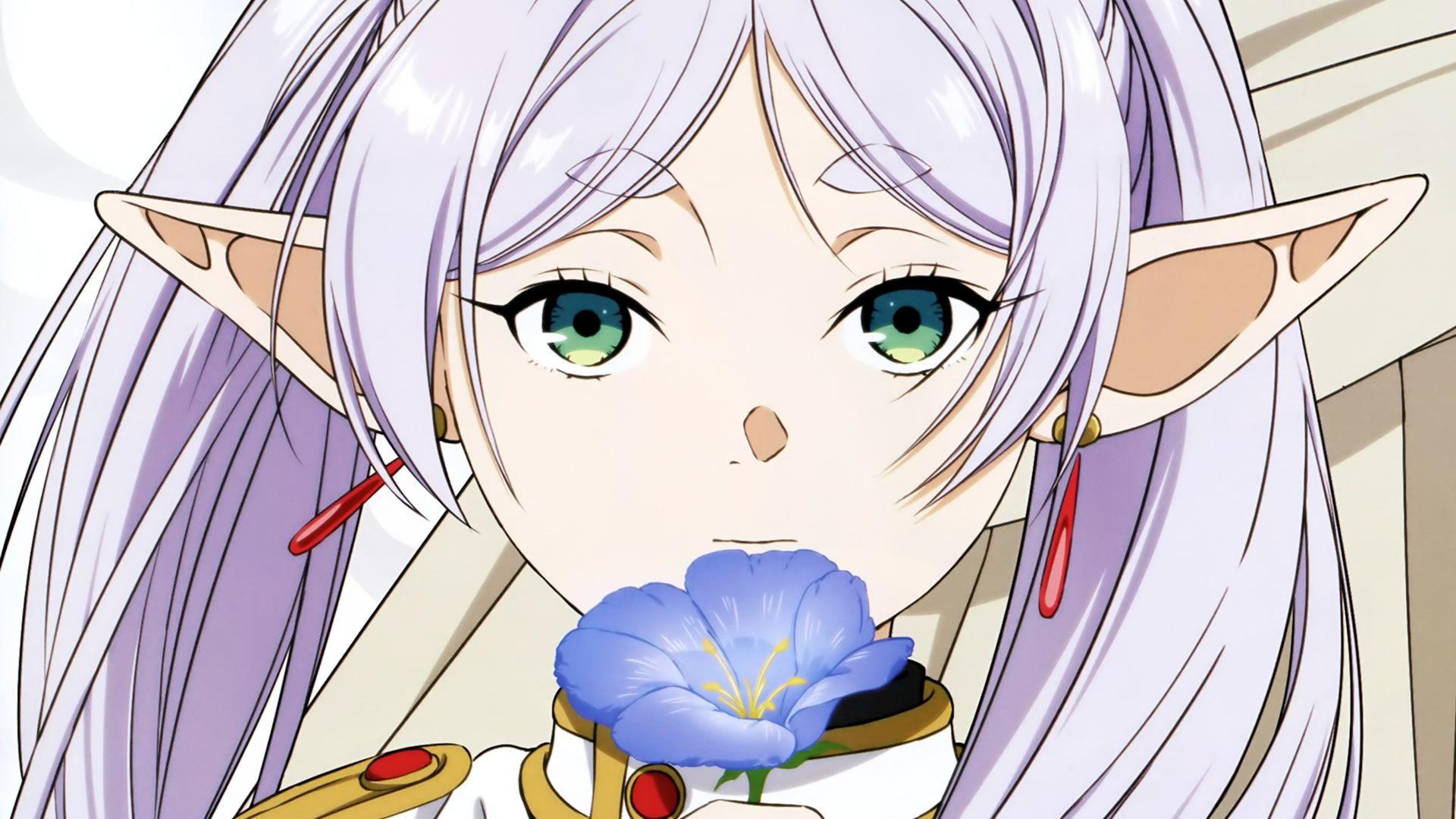 Frieren dans une scène de l'anime Sousou no Frieren, montrant sa coiffure en tresses